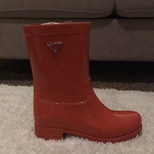 Prada Glossy Orange-Red Mid-Calf Rain Boot